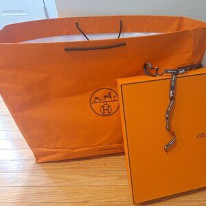 Authentic HERMES Large Orange Box 18"W x 15"L  x 4" H, Shopping Bag & 70" Ribbon